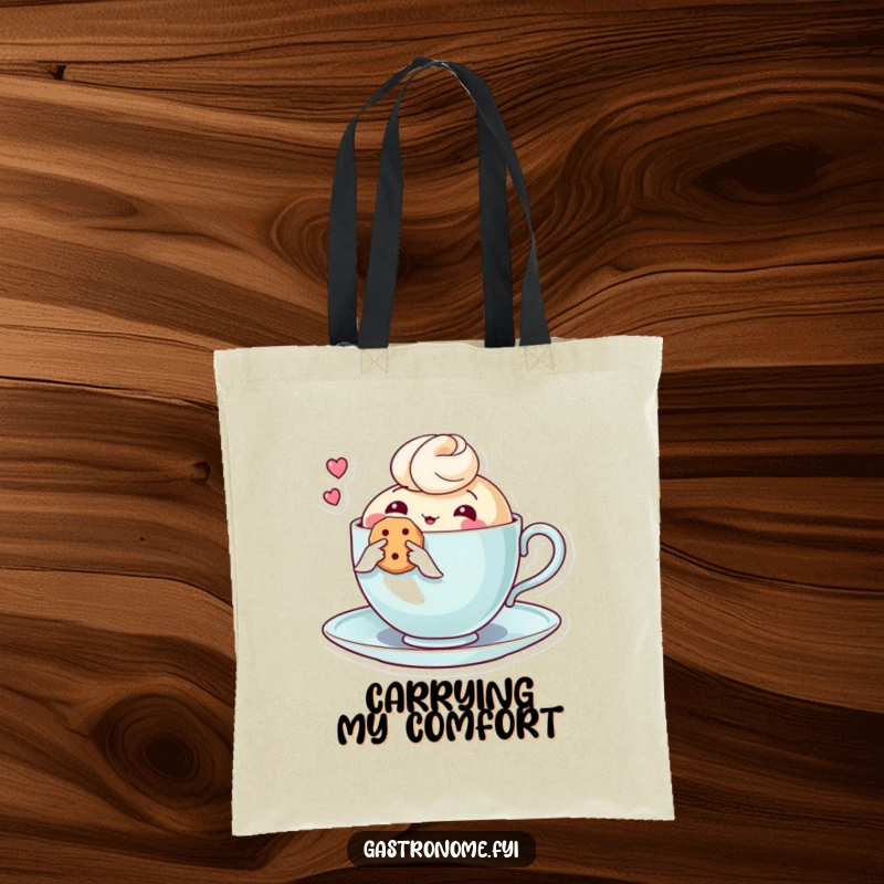 Funny tote bag depicting a thoughtful teacup character holding a biscuit, ideal for carrying everyday items with a touch of gentle humor.