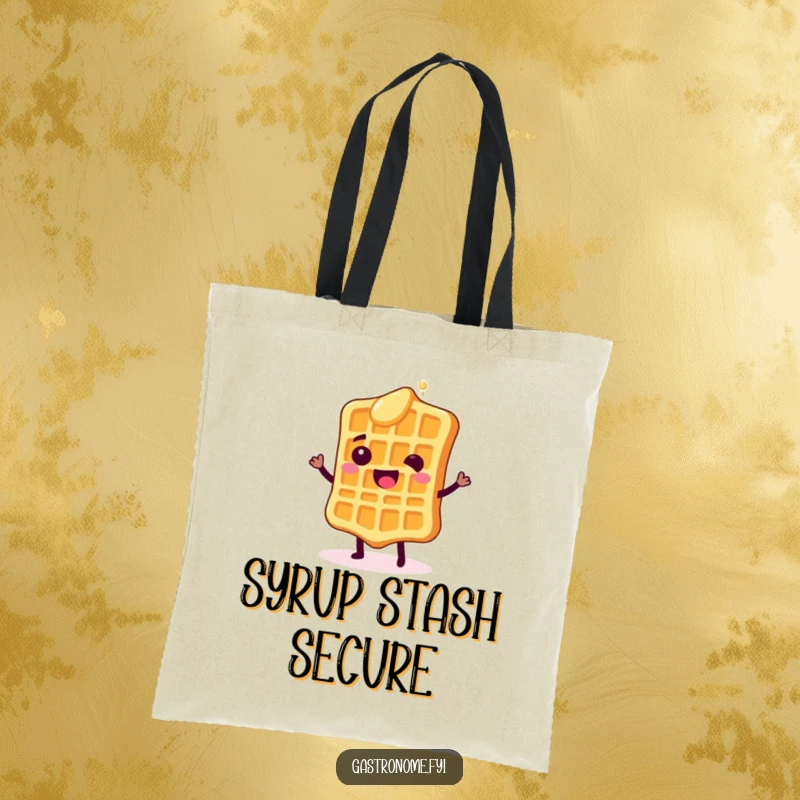 Funny tote bag showcasing a happy waffle character doing a shimmy with syrup drops, ideal for carrying groceries or daily items.