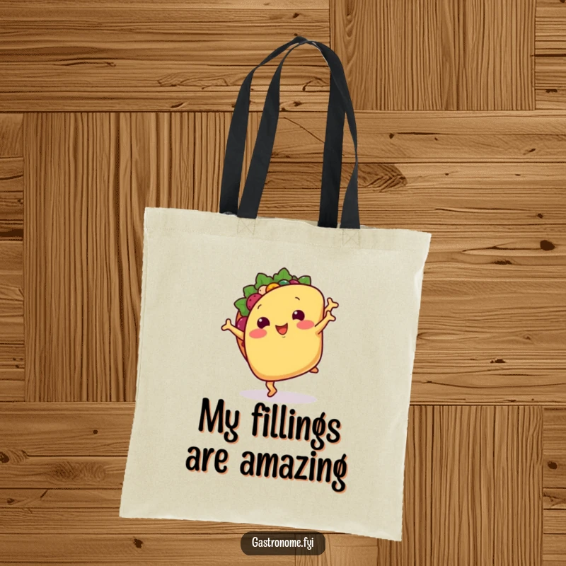 Funny tote bag: A smiling taco with tiny arms doing a cartwheel, a fun and practical accessory for foodies.