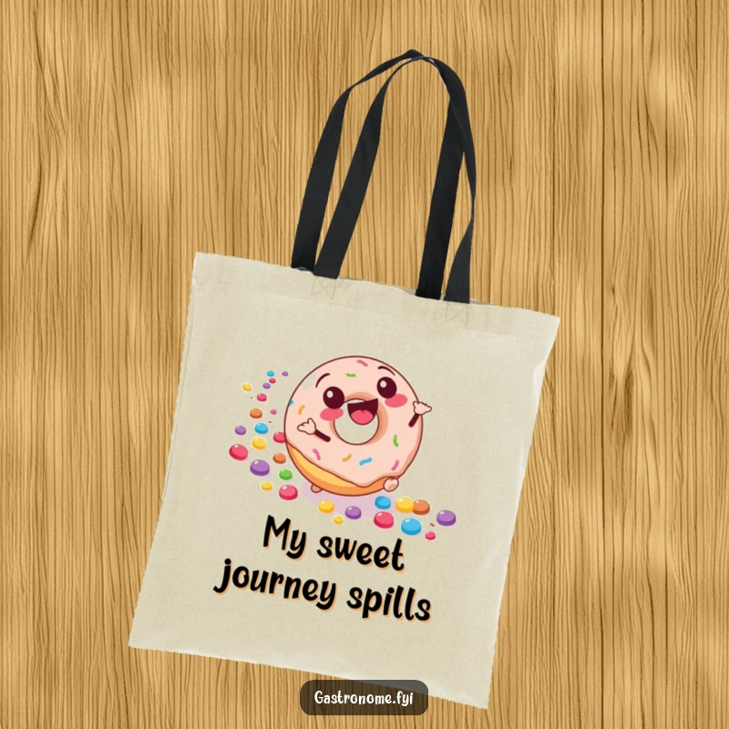 Funny tote bag with a joyful donut character rolling downhill, leaving a trail of colorful candies, for carrying essentials with sweet style.