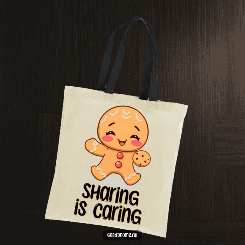 Funny tote bag with a giggling gingerbread man offering a tiny cookie, perfect for carrying gifts and holiday treats.