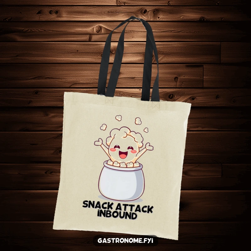 Funny popcorn kernel tote bag, energetically leaping from a kettle, symbolizing fun, convenience, and a good dose of snack-based humor.